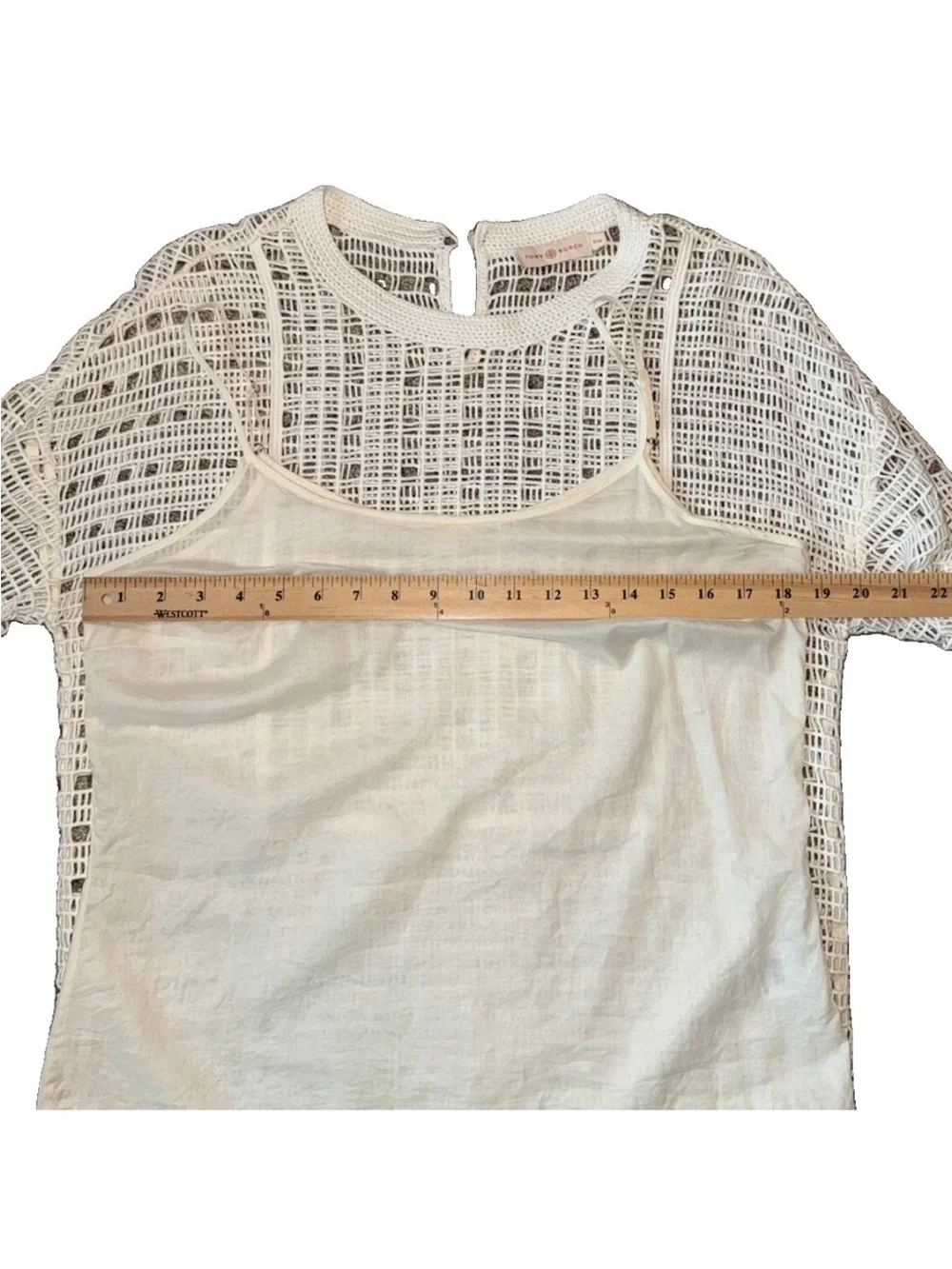 Tory Burch Open Knit Crochet Sweater M Ivory 100% Cotton 3/4 Sleeve Boho Coastal